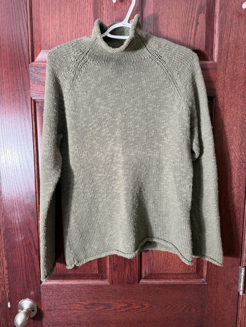 L.L. Bean Womens Medium Sweater Mock Neck Chunky Knit Cotton Olive Green